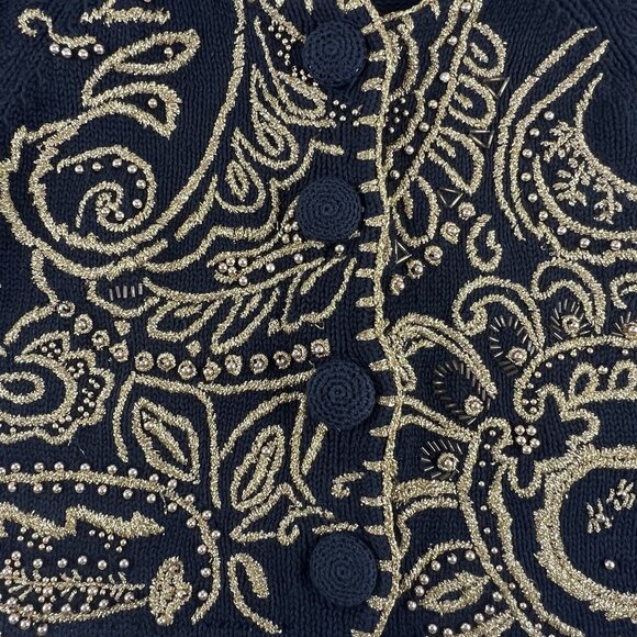 VTG Michael Simon Black Gold Regencycore Beaded Embroidered Cardigan Sweater  S - Picture 6 of 10